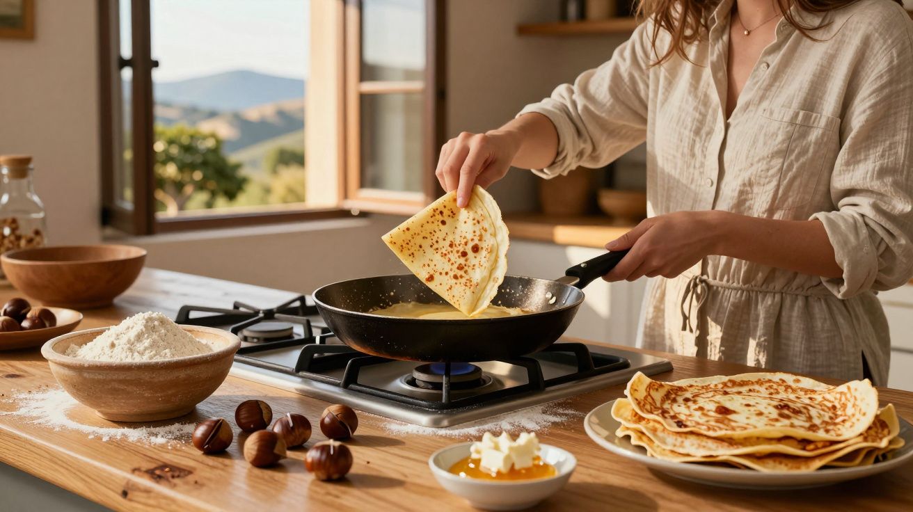 Kobieta smażąca naleśniki na patelni w jasnej kuchni z widokiem na góry przez okno.