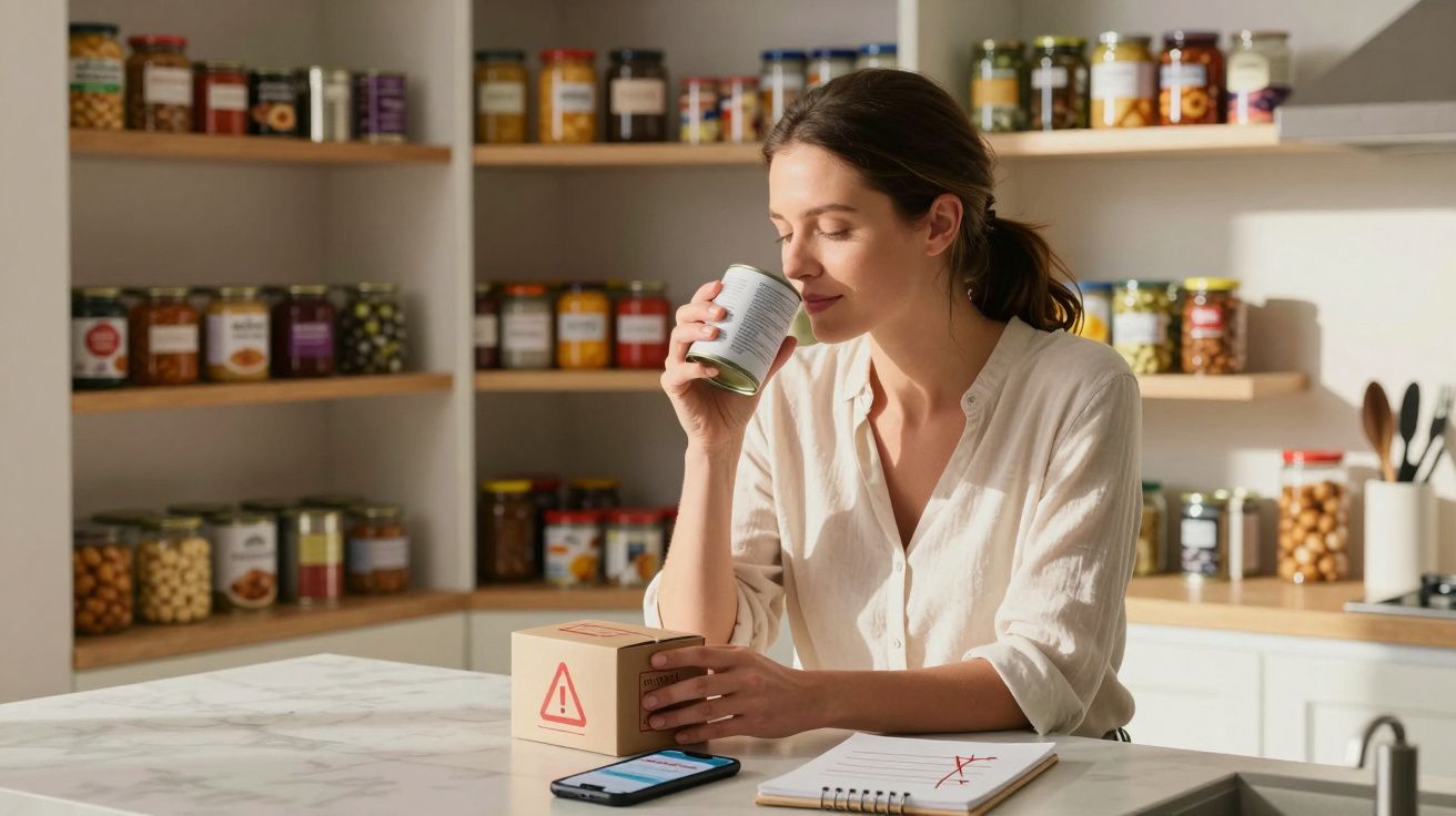 Kobieta w kuchni wącha puszkę, przy niej tablet, notatnik i pudełko z oznaczeniem ostrzegawczym.
