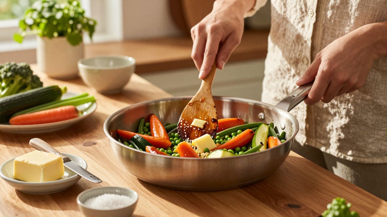 Osoba smaży warzywa w patelni na drewnianej kuchennej powierzchni z masłem i przyprawami.