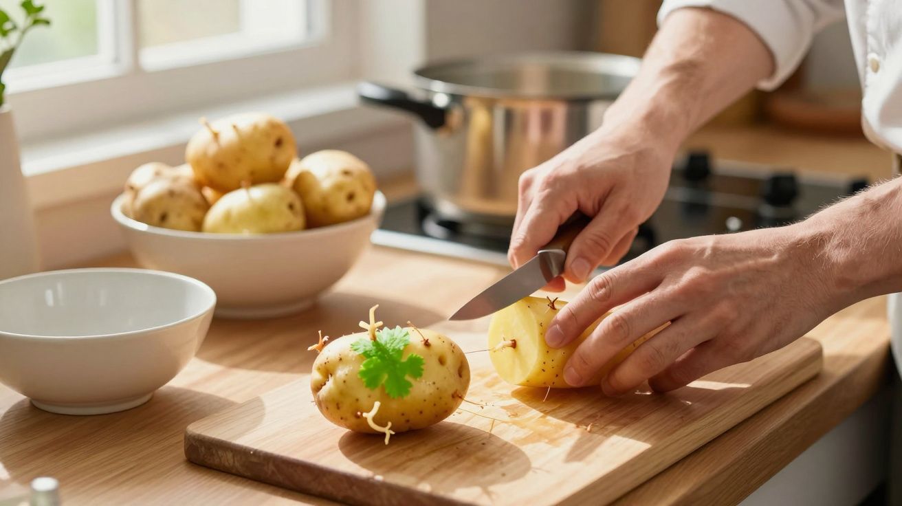 Osoba kroi ziemniaka na desce do krojenia w kuchni z garnkiem na kuchence w tle.