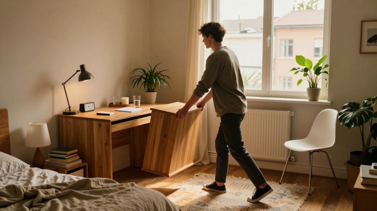 Mężczyzna ustawiający drewniane biurko przy oknie w jasnym, przytulnym pokoju z roślinami.