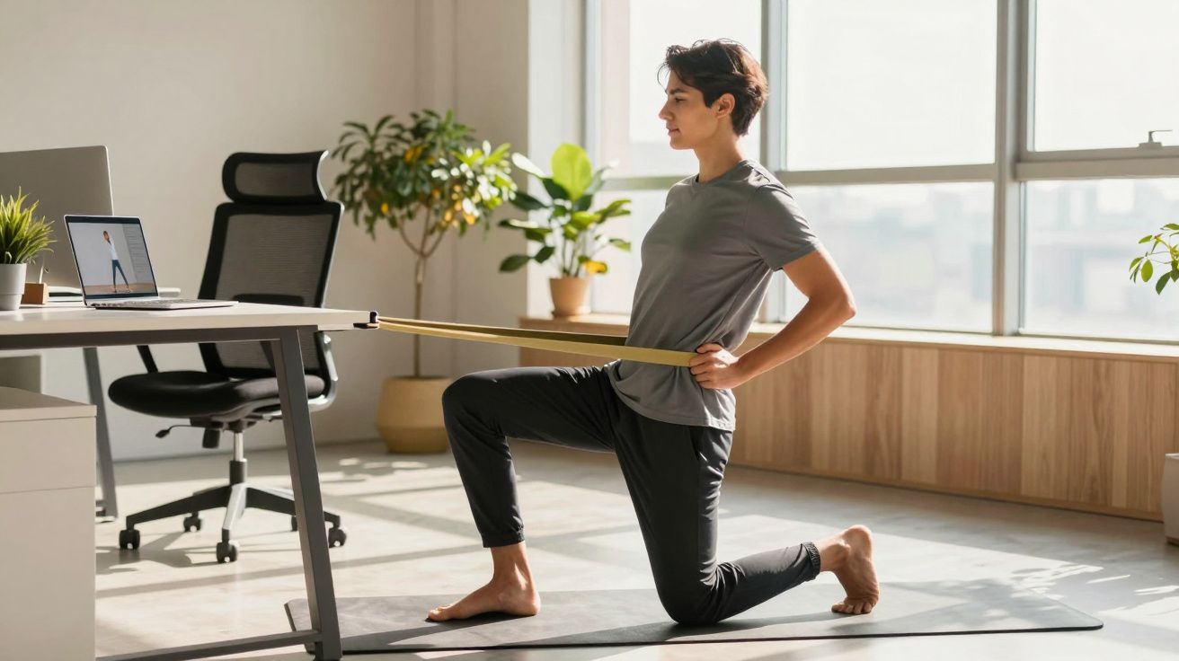 Mężczyzna ćwiczy rozciąganie z taśmą oporową przy biurku w jasnym pomieszczeniu z dużym oknem.
