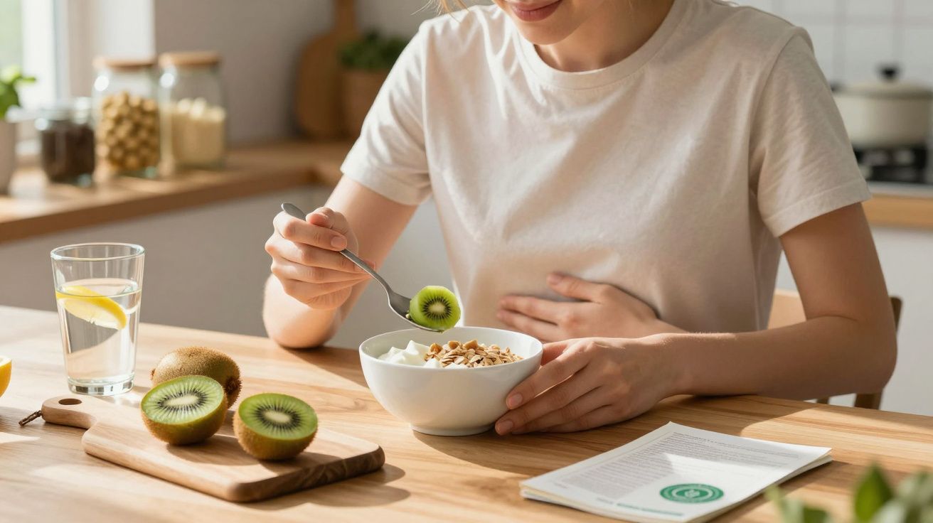 Kobieta jedząca jogurt z granolą i kiwi w kuchni, na stole woda z cytryną i dokument.