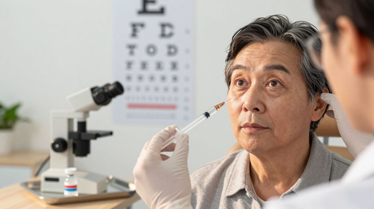 Mężczyzna otrzymuje zastrzyk w okolicy oka podczas wizyty u okulisty w gabinecie lekarskim.