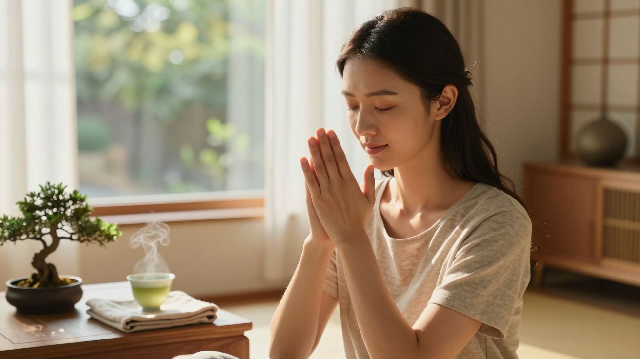 Kobieta medytująca z zamkniętymi oczami przy stoliku z parującą zieloną herbatą i bonsai.