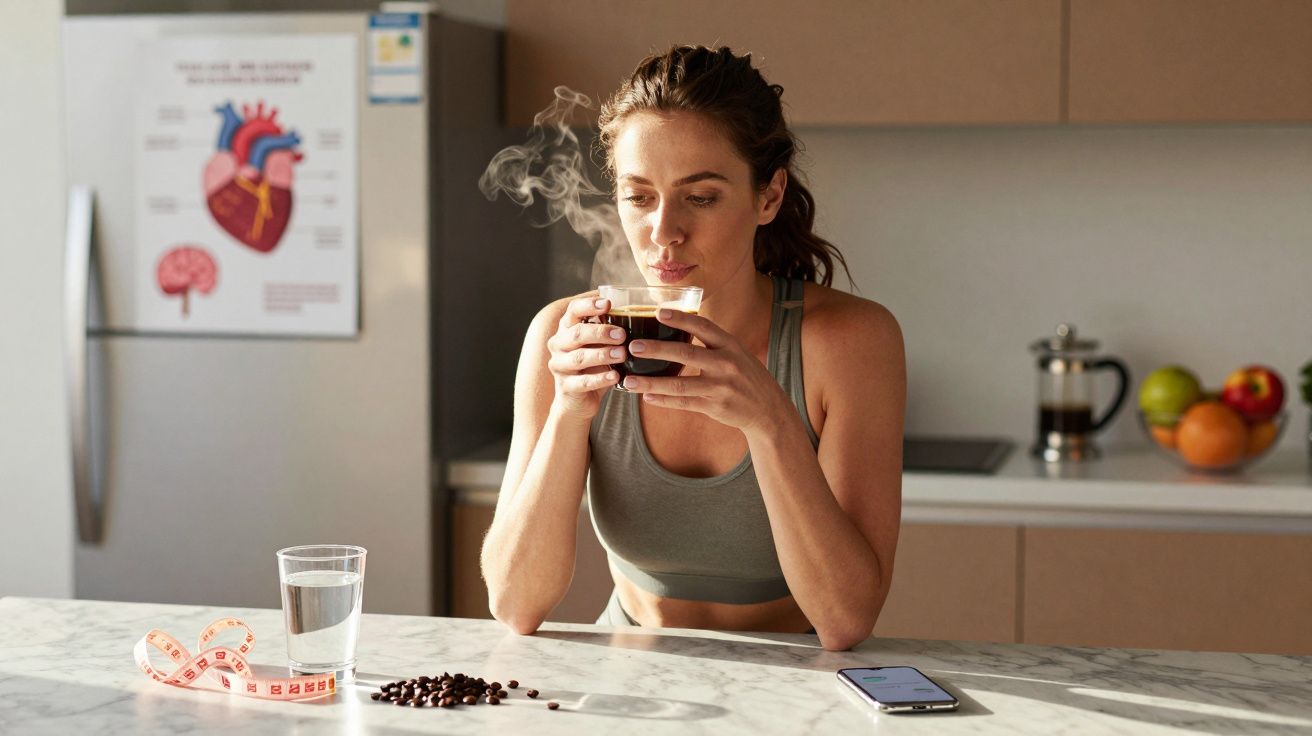 Kobieta w sportowym ubraniu pije gorącą kawę przy kuchennym blacie z wodą, telefonem i miarką.