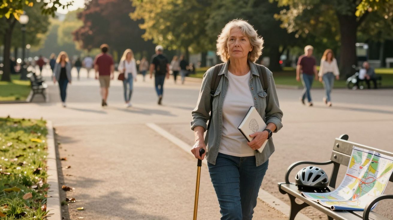 Starsza kobieta z laską spaceruje w parku w słoneczny dzień, trzymając książkę i torbę na ramieniu.
